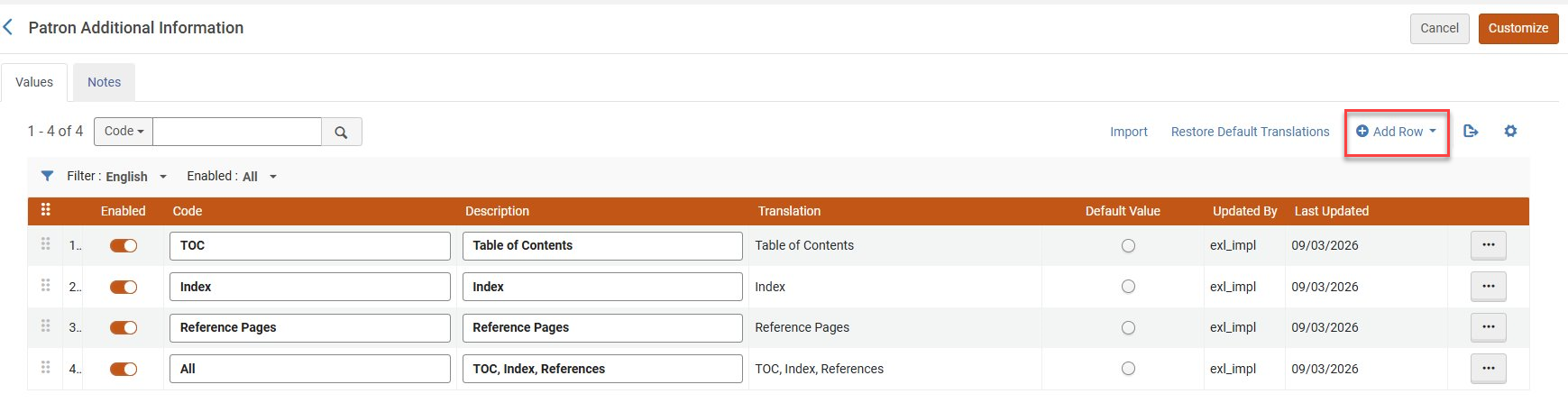 Patron Additional Information - Add Row dropdown